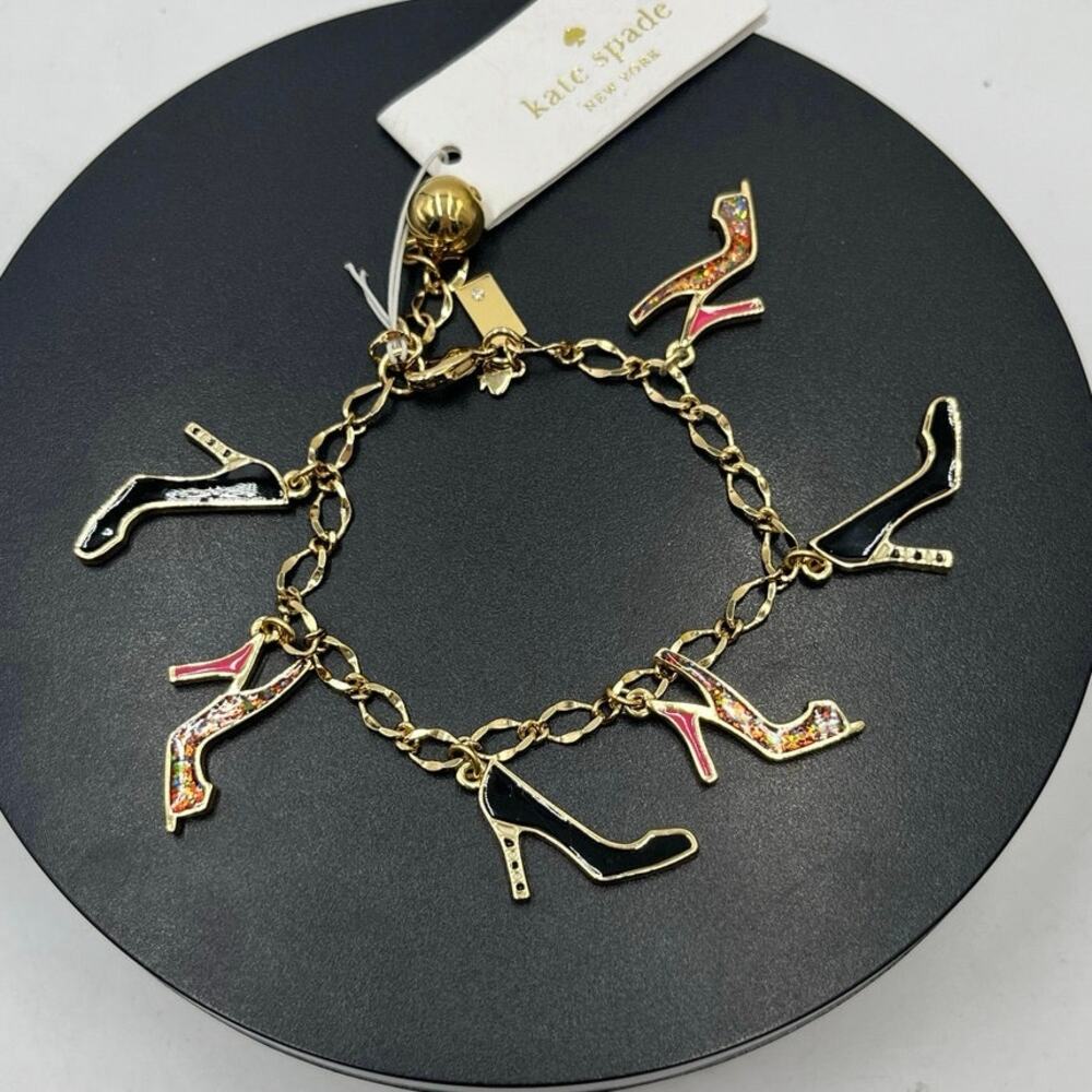 Kate Spade New York "Shoe‎ In" Black Pink Shoe Heel Glitter Charm Bracelet New